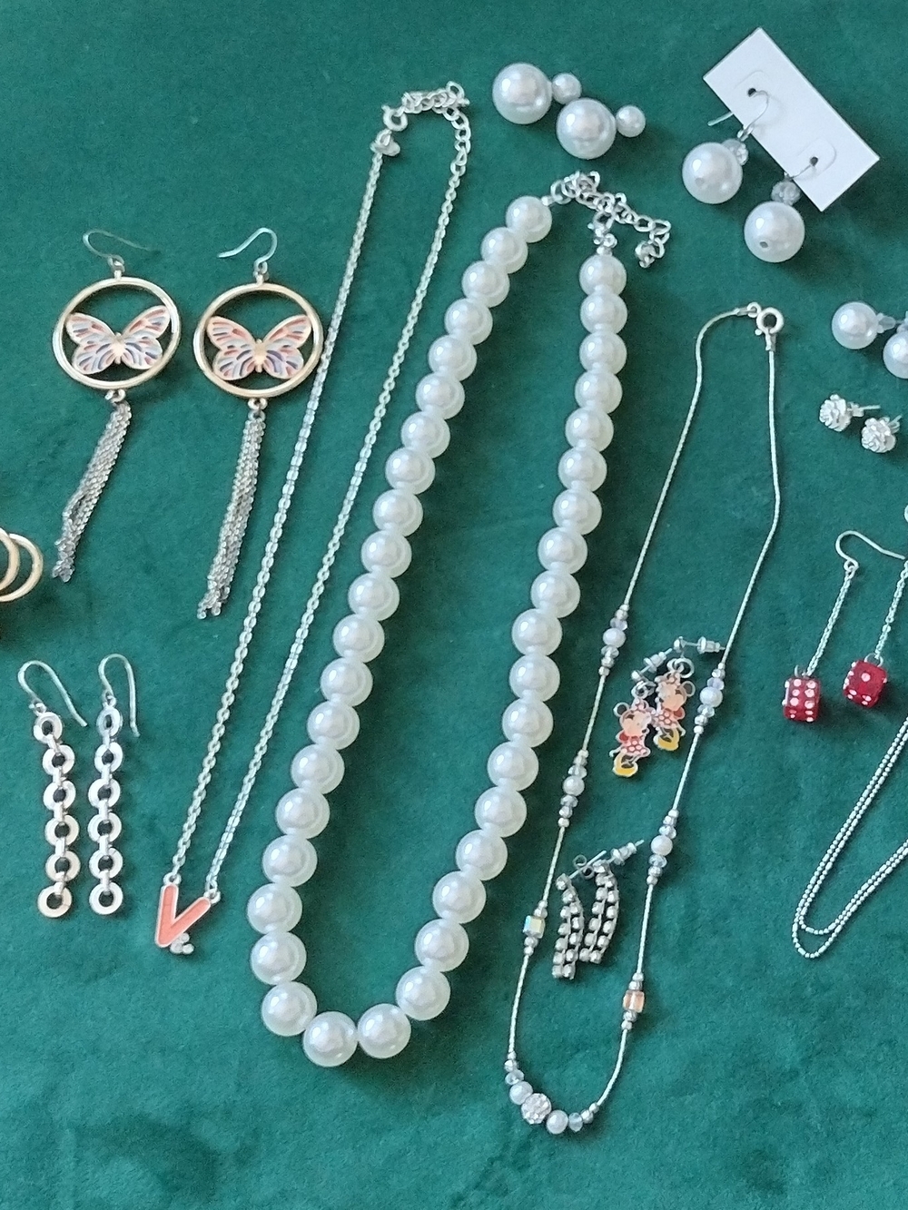Bundle of Costume Jewelry Faux Pearl Chain Necklaces Disney Earrings Butterfly